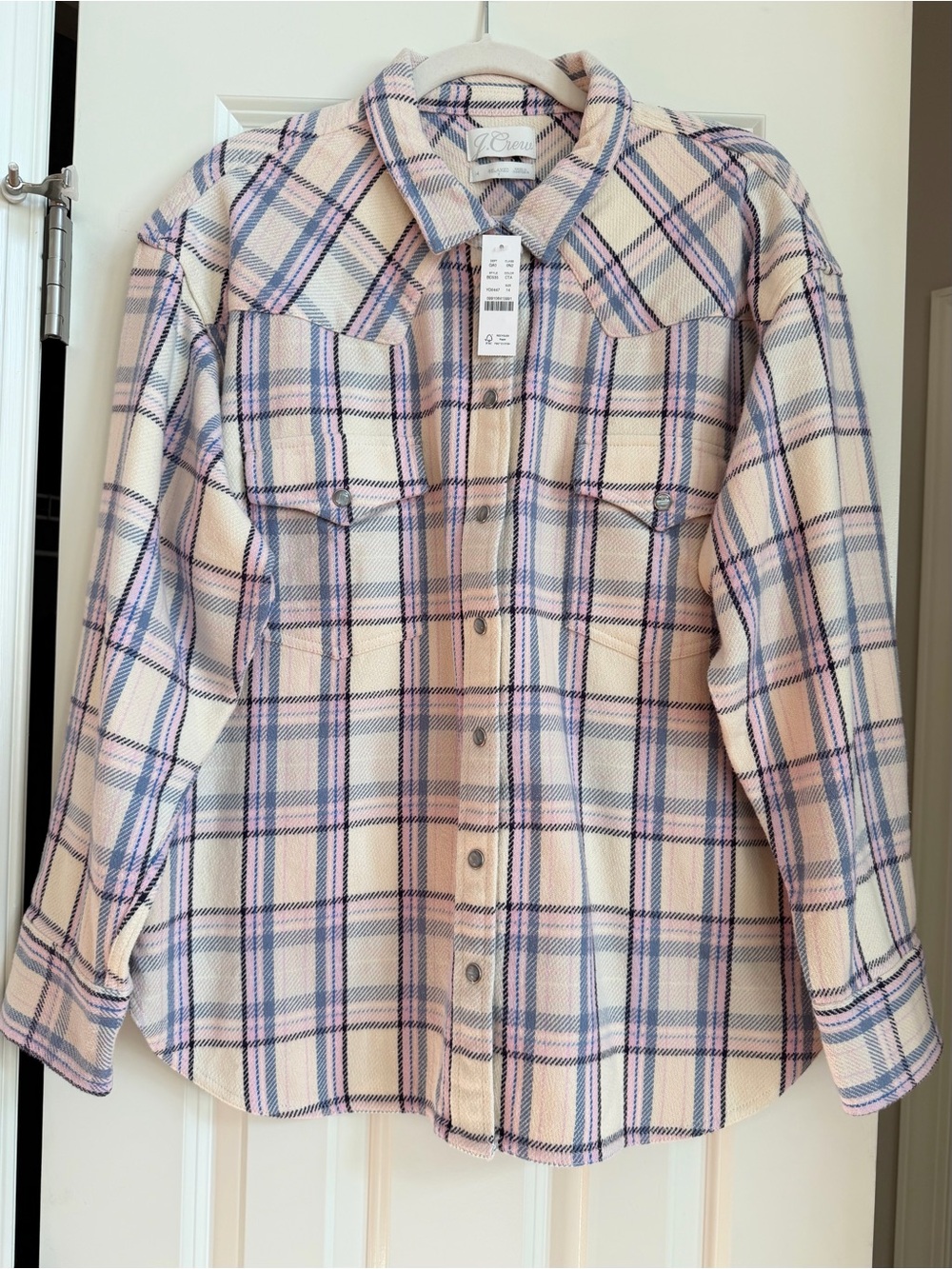 NWT J. Crew Lavender Plaid Pearl Snap Relaxed Shirt Shacket Women’s Size 14 / L